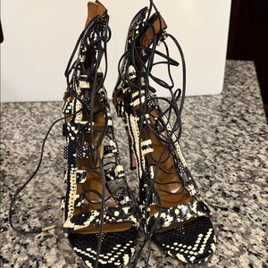 Aquazzura Black and Cream Lace-Up Heels
